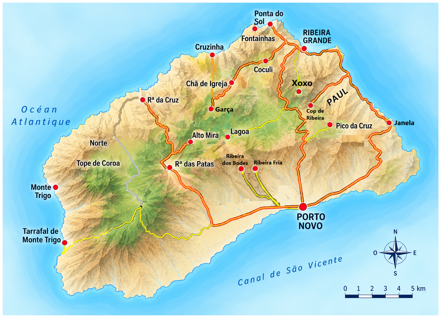 Carte des routes sur Santo Antão, Cap Vert